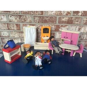 Pintoy Wooden Small Play House Toys Lot Chair Bathtub Backpack Dolls Family